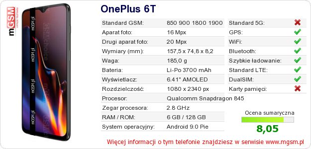 Dane telefonu OnePlus 6T