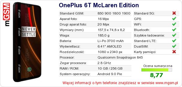 Dane telefonu OnePlus 6T McLaren Edition