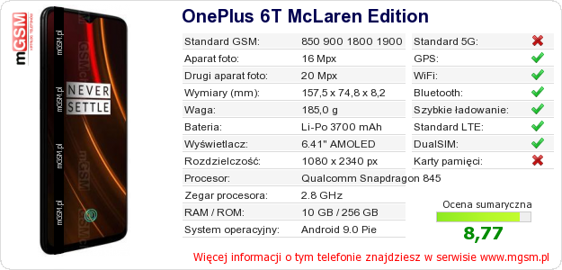 Dane telefonu OnePlus 6T McLaren Edition