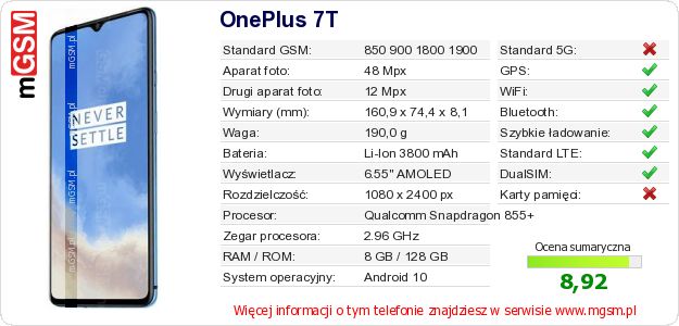 Dane telefonu OnePlus 7T Dane telefonu OnePlus 7T