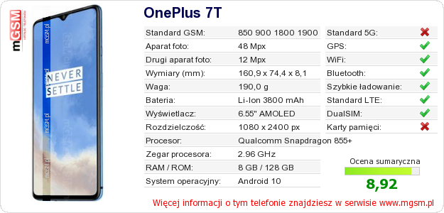 Dane telefonu OnePlus 7T