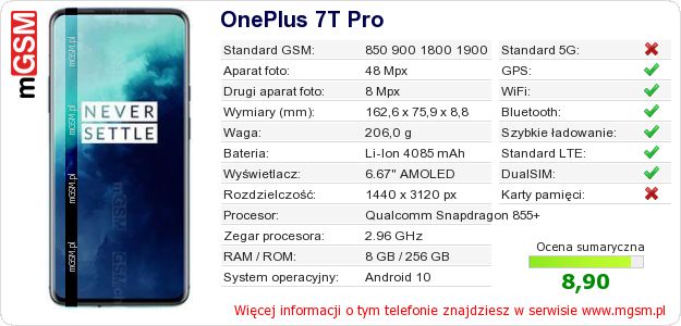 Dane telefonu OnePlus 7T Pro Dane telefonu OnePlus 7T Pro