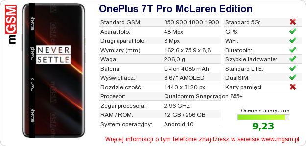 Dane telefonu OnePlus 7T Pro McLaren Edition