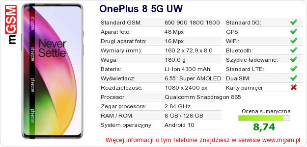 Dane telefonu OnePlus 8 5G UW