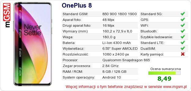 Dane telefonu OnePlus 8 Dane telefonu OnePlus 8