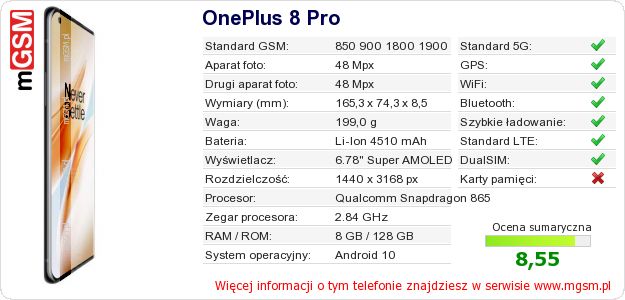 Dane telefonu OnePlus 8 Pro