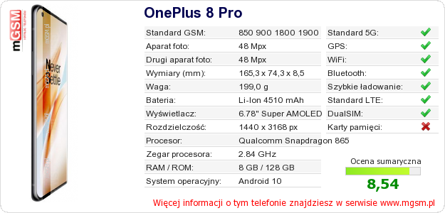 Dane telefonu OnePlus 8 Pro Dane telefonu OnePlus 8 Pro