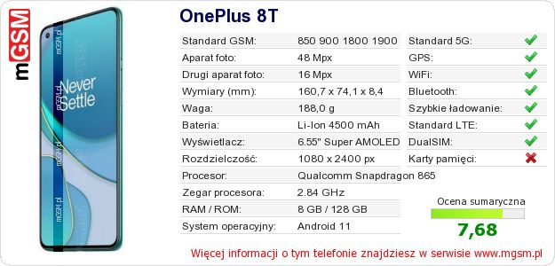 Dane telefonu OnePlus 8T Dane telefonu OnePlus 8T