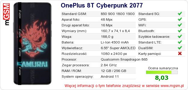 Dane telefonu OnePlus 8T Cyberpunk 2077 Dane telefonu OnePlus 8T Cyberpunk 2077