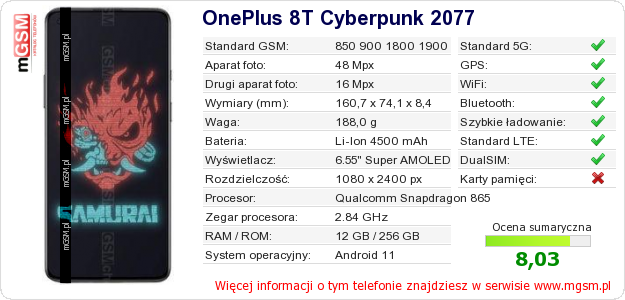 Dane telefonu OnePlus 8T Cyberpunk 2077 Dane telefonu OnePlus 8T Cyberpunk 2077