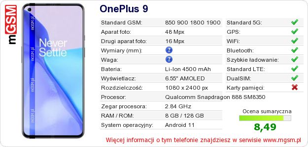 Dane telefonu OnePlus 9