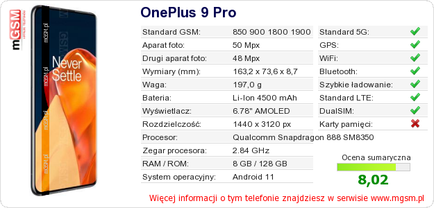 Dane telefonu OnePlus 9 Pro