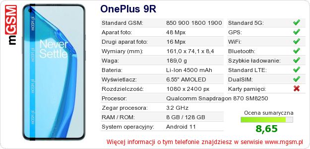 Dane telefonu OnePlus 9R Dane telefonu OnePlus 9R