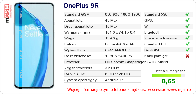 Dane telefonu OnePlus 9R