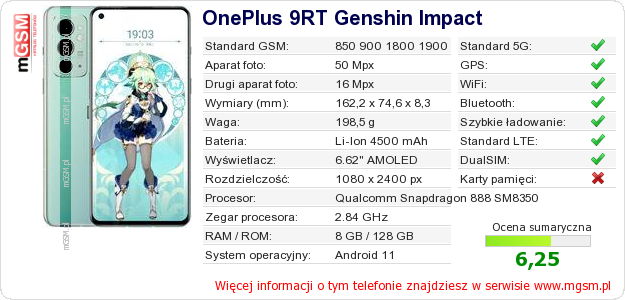 Dane telefonu OnePlus 9RT Genshin Impact