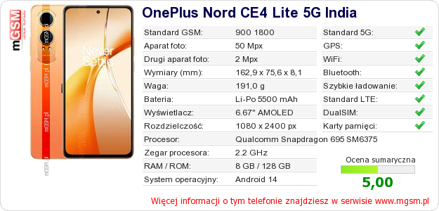 Dane telefonu OnePlus Nord CE4 Lite 5G India