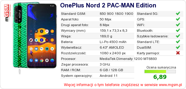 Dane telefonu OnePlus Nord 2 PAC-MAN Edition