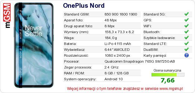 Dane telefonu OnePlus Nord