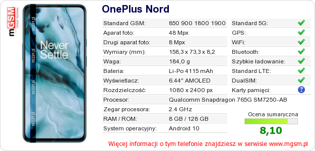 Dane telefonu OnePlus Nord