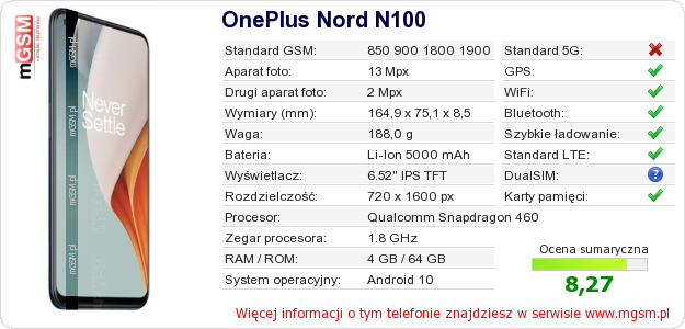 Dane telefonu OnePlus Nord N100