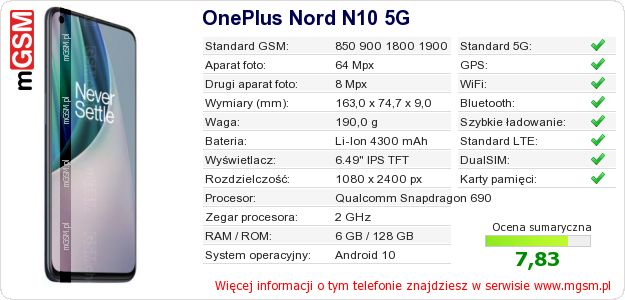 Dane telefonu OnePlus Nord N10 5G Dane telefonu OnePlus Nord N10 5G