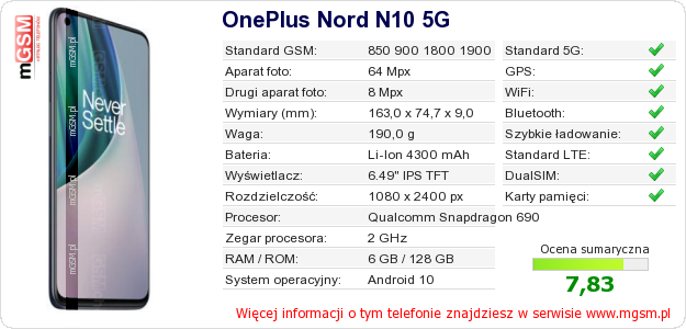 Dane telefonu OnePlus Nord N10 5G Dane telefonu OnePlus Nord N10 5G