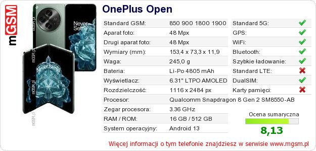Dane telefonu OnePlus Open Dane telefonu OnePlus Open