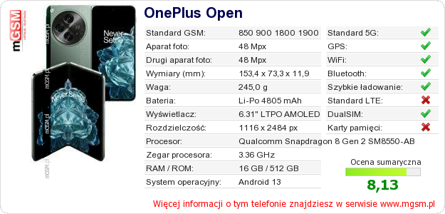 Dane telefonu OnePlus Open