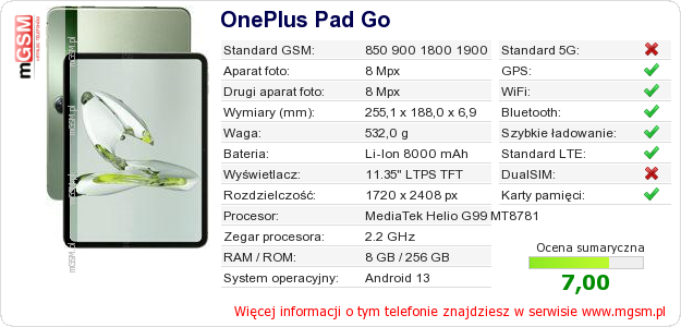 Dane telefonu OnePlus Pad Go