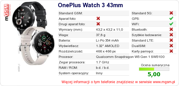 Dane telefonu OnePlus Watch 3 43mm