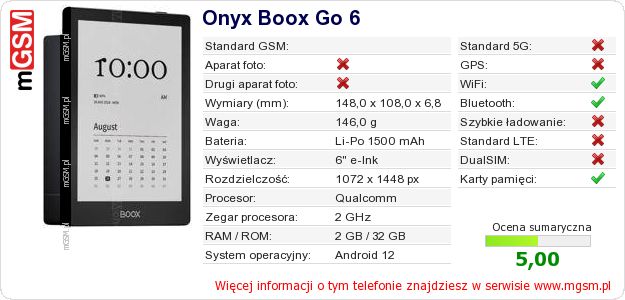 Dane telefonu Onyx Boox Go 6