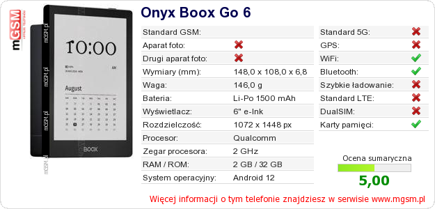 Dane telefonu Onyx Boox Go 6
