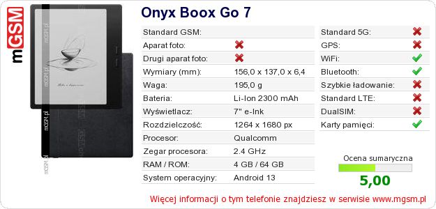 Dane telefonu Onyx Boox Go 7 Dane telefonu Onyx Boox Go 7