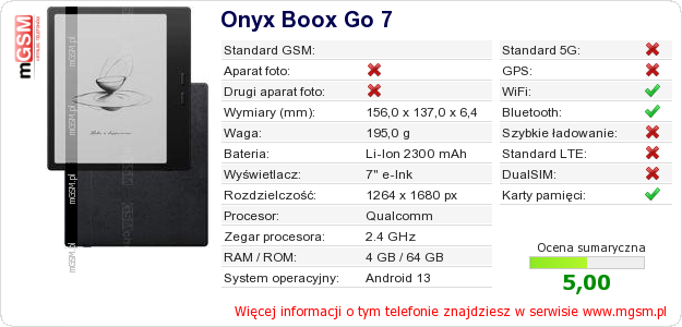 Dane telefonu Onyx Boox Go 7