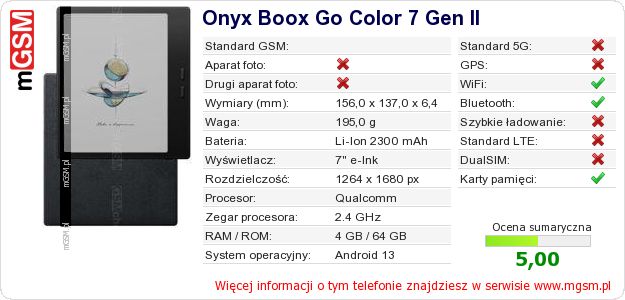 Dane telefonu Onyx Boox Go Color 7 Gen II Dane telefonu Onyx Boox Go Color 7 Gen II
