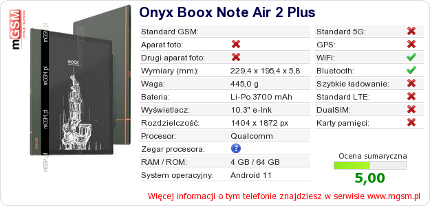 Dane telefonu Onyx Boox Note Air 2 Plus