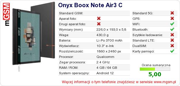 Dane telefonu Onyx Boox Note Air3 C