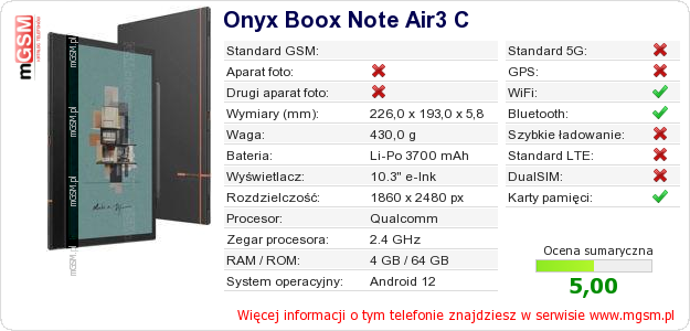 Dane telefonu Onyx Boox Note Air3 C Dane telefonu Onyx Boox Note Air3 C