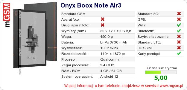 Dane telefonu Onyx Boox Note Air3