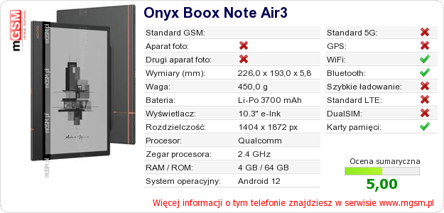 Dane telefonu Onyx Boox Note Air3