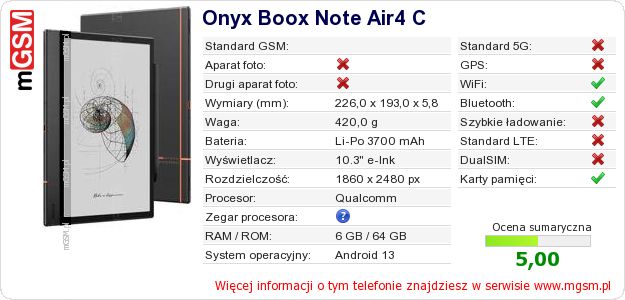 Dane telefonu Onyx Boox Note Air4 C Dane telefonu Onyx Boox Note Air4 C
