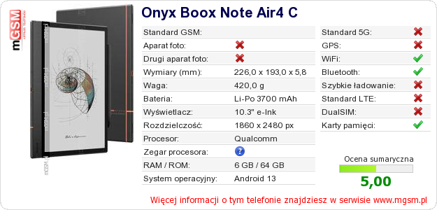 Dane telefonu Onyx Boox Note Air4 C