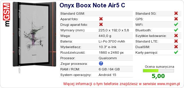 Dane telefonu Onyx Boox Note Air5 C