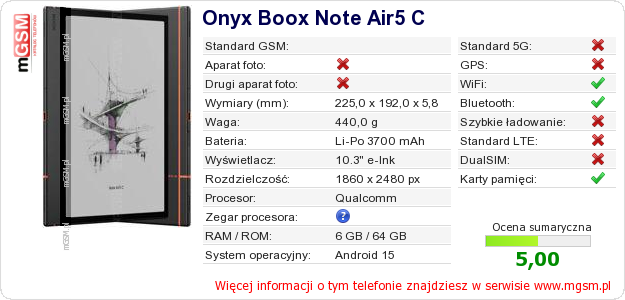 Dane telefonu Onyx Boox Note Air5 C