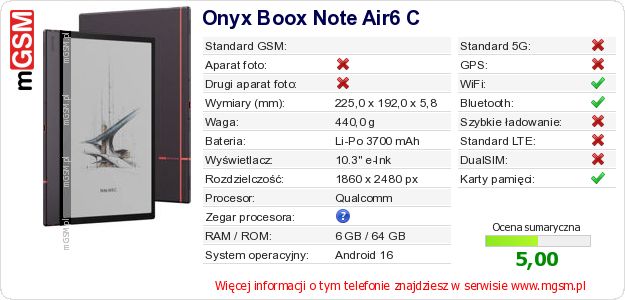 Dane telefonu Onyx Boox Note Air6 C