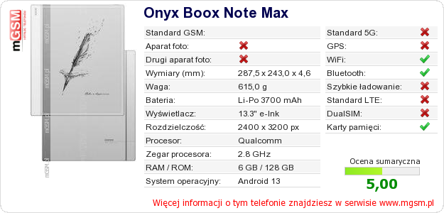 Dane telefonu Onyx Boox Note Max