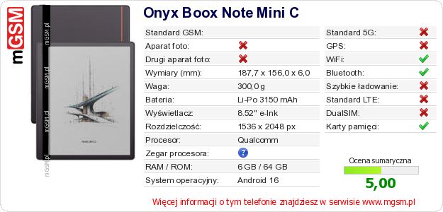 Dane telefonu Onyx Boox Note Mini C Dane telefonu Onyx Boox Note Mini C