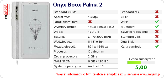 Dane telefonu Onyx Boox Palma 2