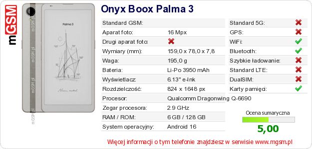 Dane telefonu Onyx Boox Palma 3 Dane telefonu Onyx Boox Palma 3