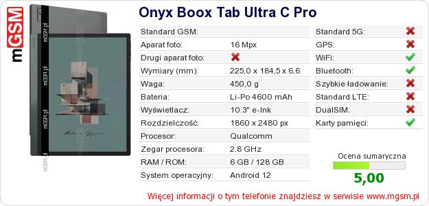 Dane telefonu Onyx Boox Tab Ultra C Pro